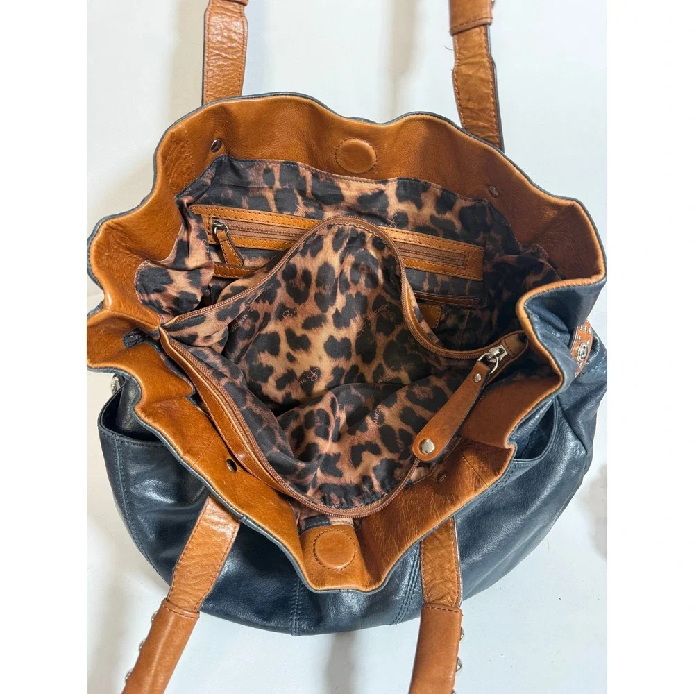 Boho Indie Grunge Navy Blue Leather Studded Hobo Shoulder Bag Large Oversized - Picture 12 of 16